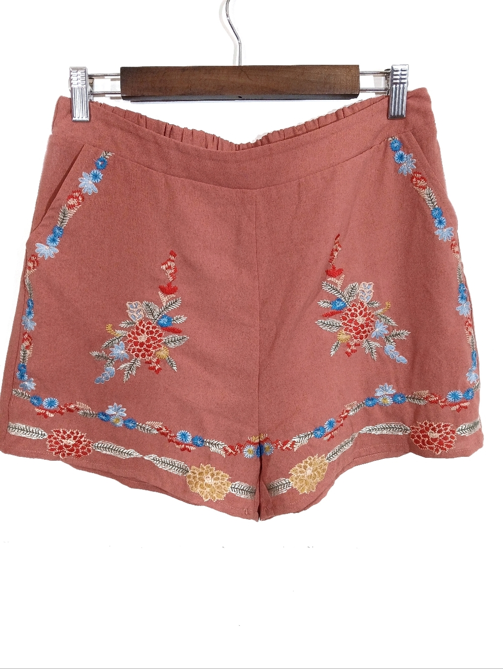 Entro Embroidered Rose Pink Women's Shorts Boho Garden Party